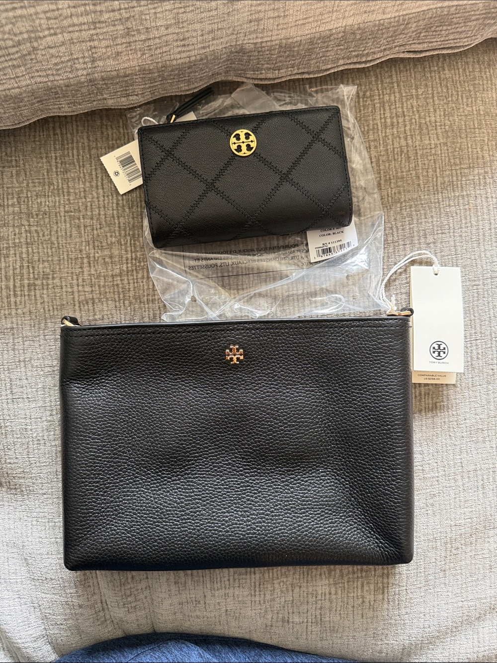 Tory Burch Black Pebbled Leather Pouch and Quilted Card Wallet Set